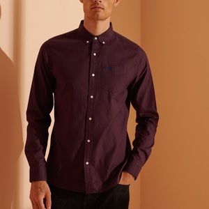 New SUPERDRY Men’s Classic University Oxford S L/S Shirt Burgundy Mini Grid Sz S